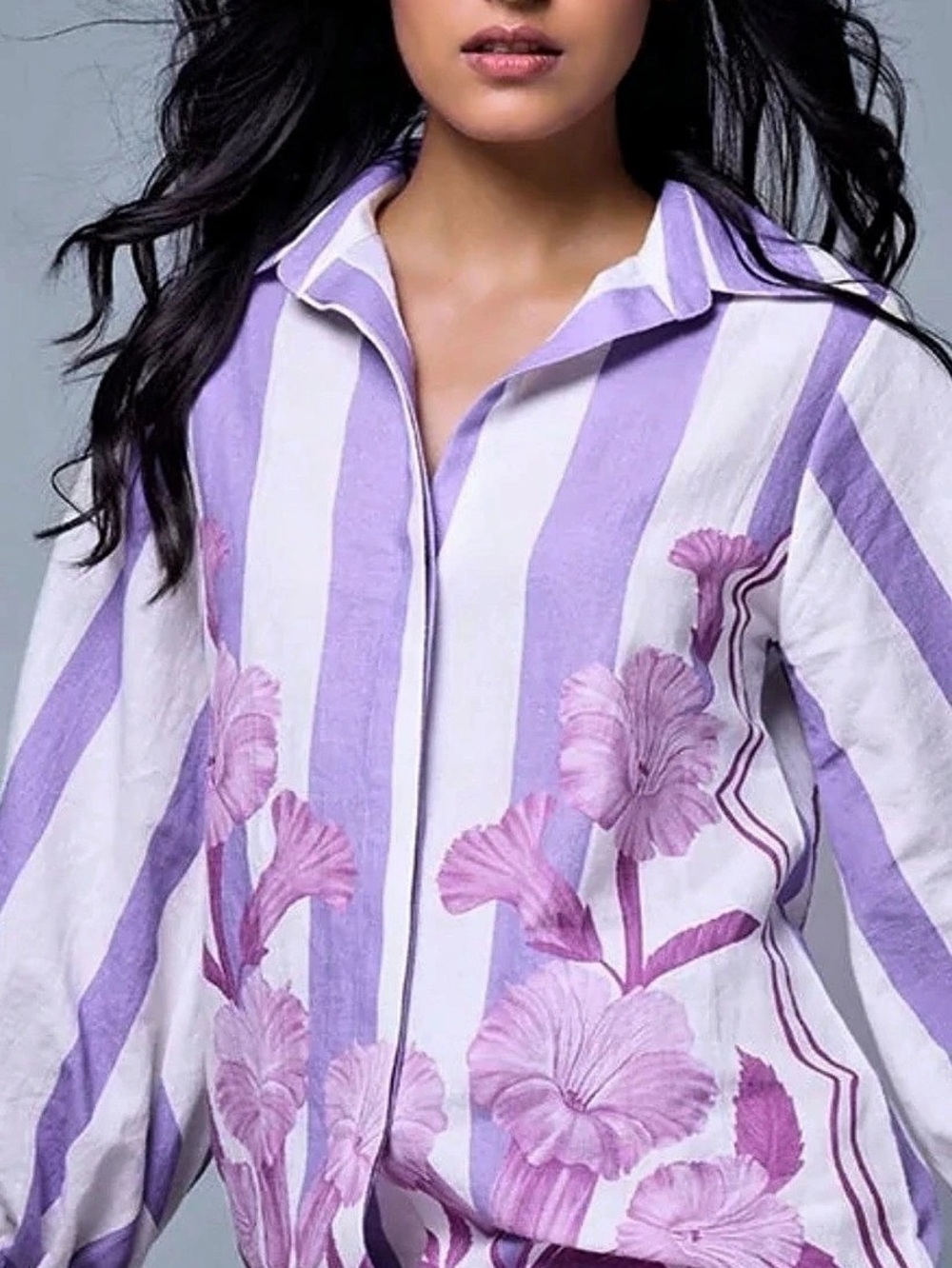 Verandah Floral Striped Blouse in Purple & White Size XS NWT